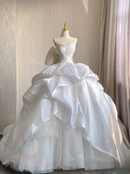 Robe de mariée longue en satin blanc, sans manches, style conte de fées, robe de bal de rêve, sans bretelles, automne et printemps, AU217