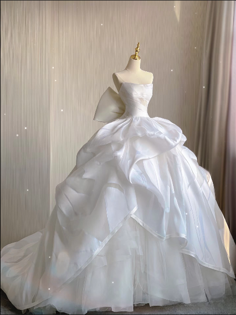 Robe de mariée longue en satin blanc, sans manches, style conte de fées, robe de bal de rêve, sans bretelles, automne et printemps, AU217