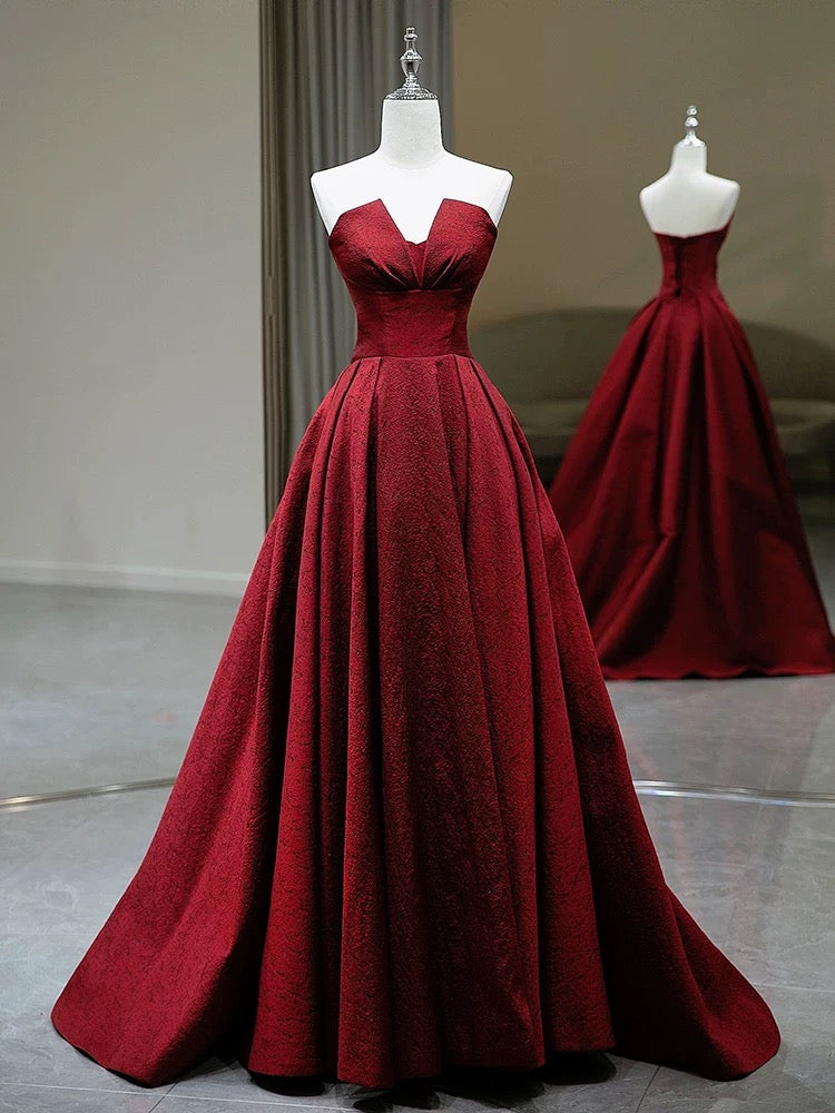 Charmante robe de bal en satin rouge sans bretelles, coupe trapèze, robe de bal princesse, robe de remise de diplôme, AU218