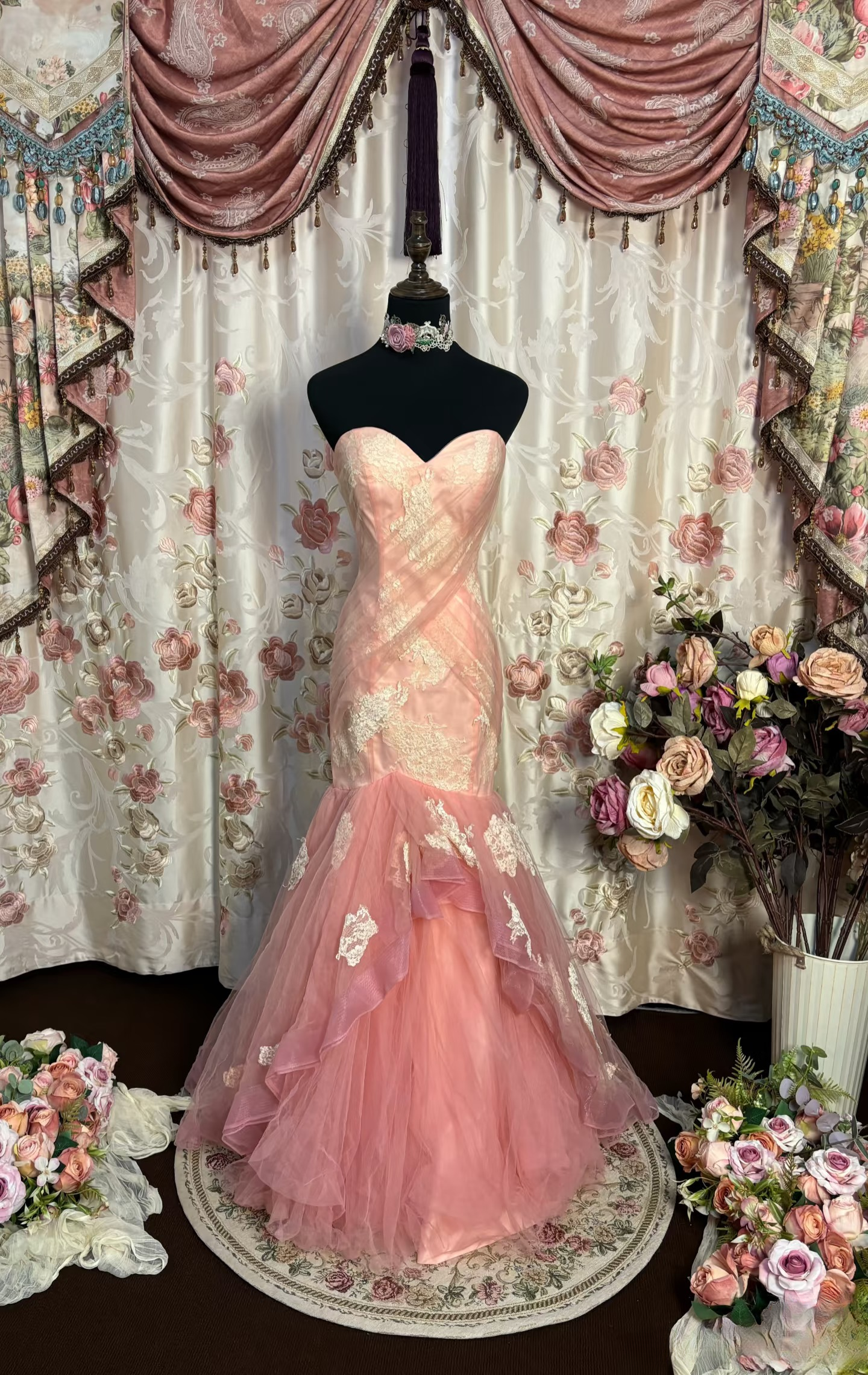 Robe de bal longue sirène rétro en tulle rose avec dentelle, style années 70/80, AU218