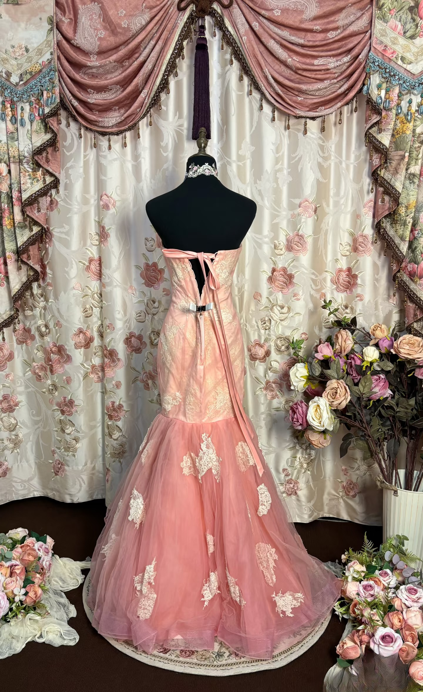 Robe de bal longue sirène rétro en tulle rose avec dentelle, style années 70/80, AU218