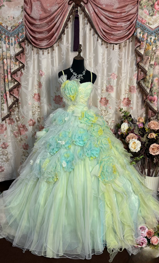 Vintage Ball Gown Spaghetti Strap Mint Green Tulle Long Quinceanera Dress Sweet 15 Gown 16 Birthday Dresses AU219