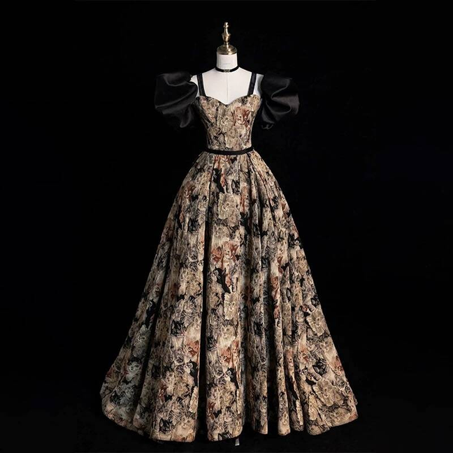 Sexy Ball Gown Straps Black Floral Prom Dress Inspiration Long Party Formal Prom Dresses AU220