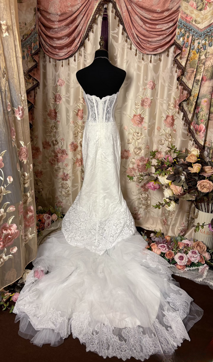 Robe de mariée longue blanche style sirène rétro, bustier cœur en dentelle, années 70, corset ajusté, AU221