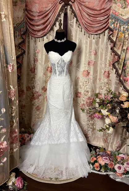 Robe de mariée longue blanche style sirène rétro, bustier cœur en dentelle, années 70, corset ajusté, AU221