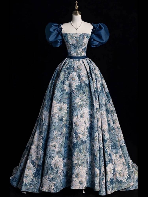 Charming Ball Gown Square Neck Blue Satin Prom Dresses Inspiration Prom Dress Princess Graduation Dress AU224