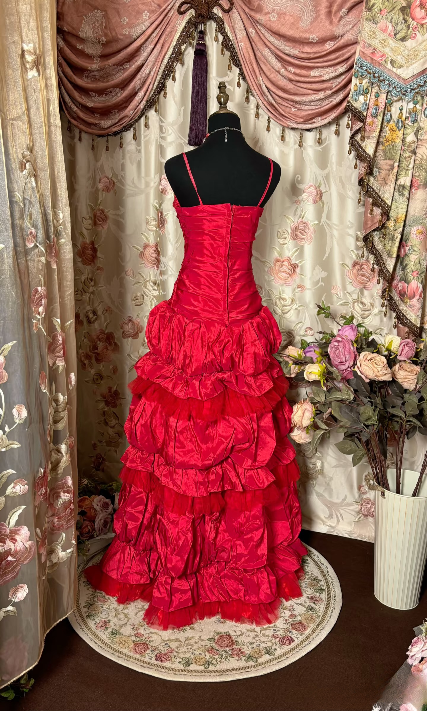 Robe de bal rétro rouge à bretelles spaghetti en taffetas vintage, robe de soirée longue AU224