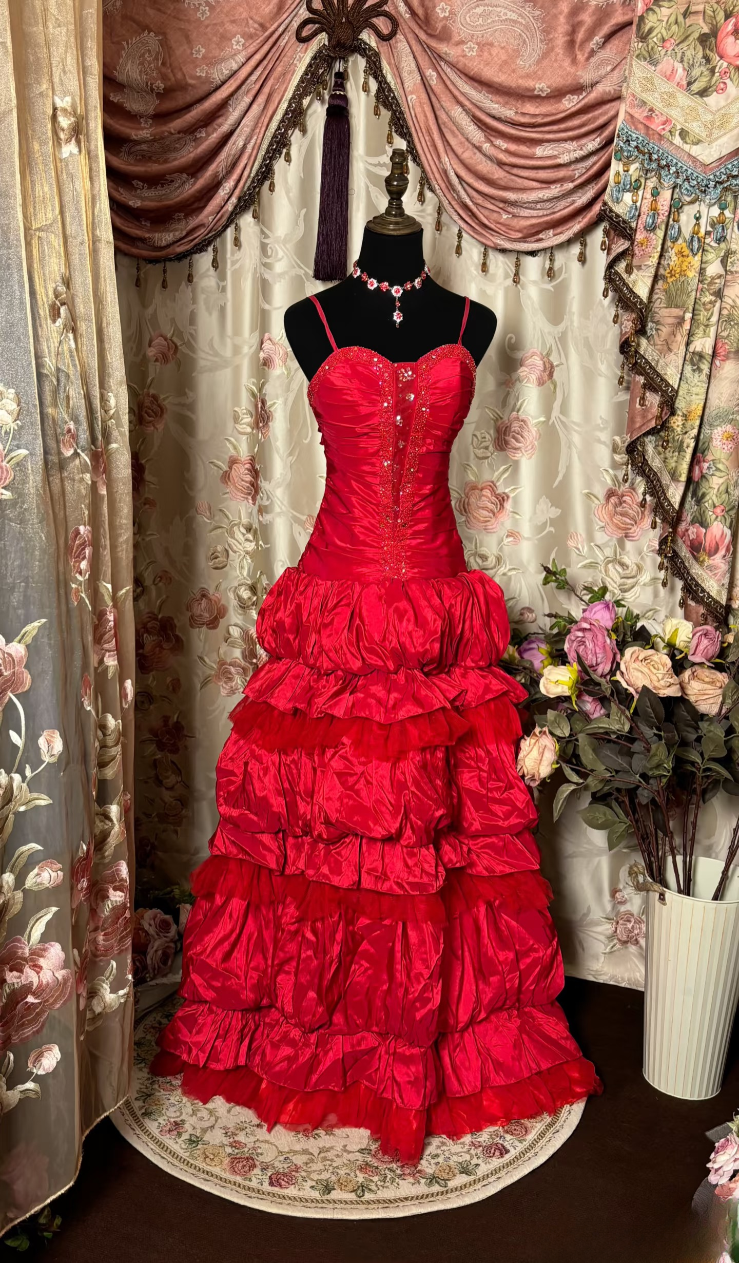 Robe de bal rétro rouge à bretelles spaghetti en taffetas vintage, robe de soirée longue AU224
