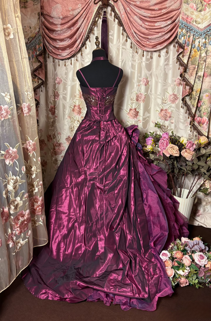Robe de bal vintage à fines bretelles en taffetas couleur raisin, longue, idéale pour une quinceañera, un sweet 15 ou un anniversaire de 16 ans (AU226)