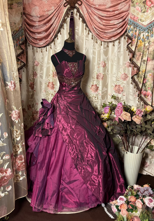 Vintage Ball Gown Spaghetti Strap Grape Taffeta Long Quinceanera Dress Sweet 15 Gown 16 Birthday Dresses AU226