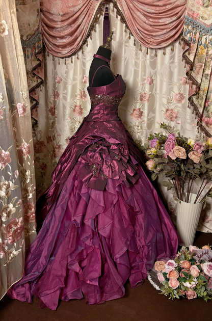 Robe de bal vintage à fines bretelles en taffetas couleur raisin, longue, idéale pour une quinceañera, un sweet 15 ou un anniversaire de 16 ans (AU226)