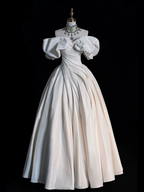 Modest Ball Gown Off The Shoulder Satin Wedding Dress With Sleeves Fairytale Autumn Wedding Dresses AU228