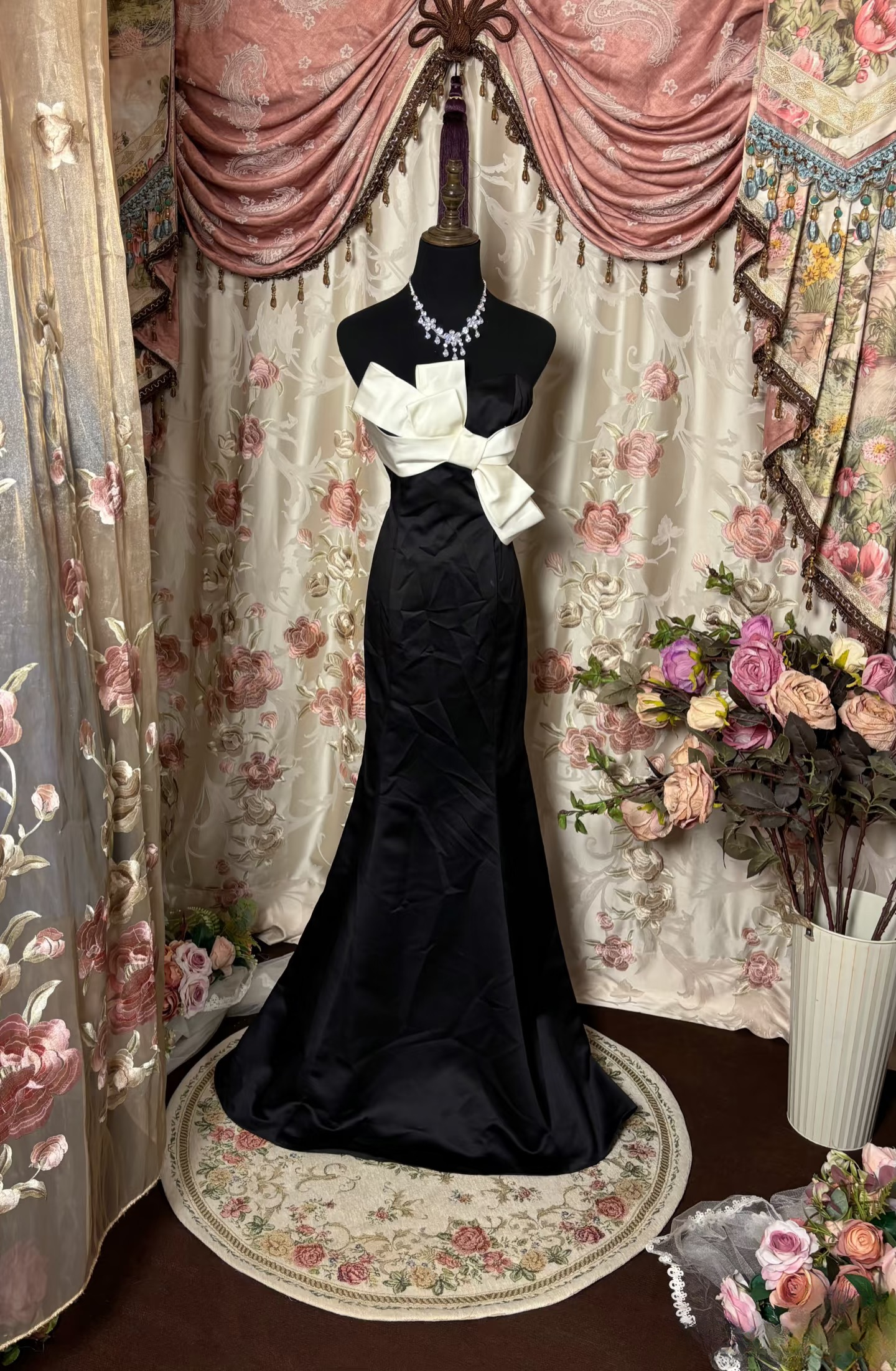 Retro Mermaid Strapless Black Satin Long Prom Dresses 80s 70s Prom Gowns AU228