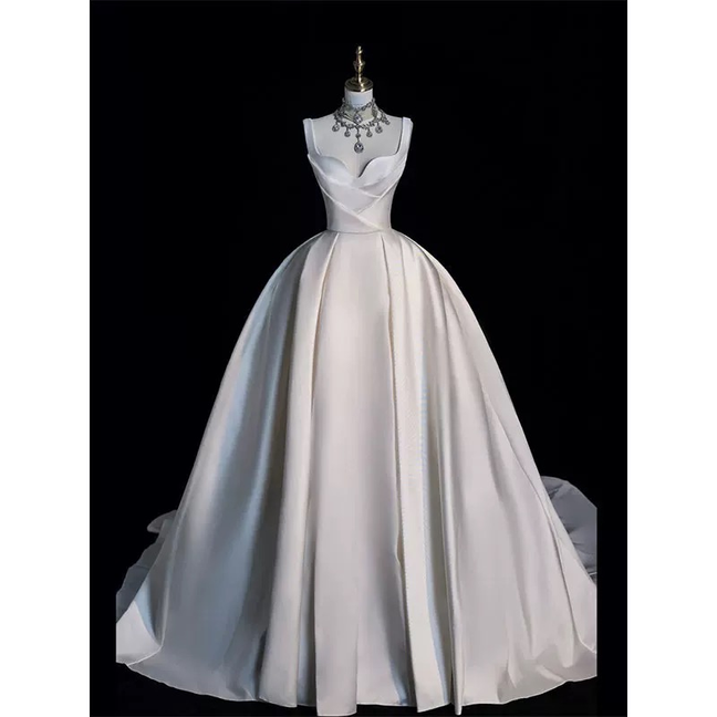 Robe de mariée blanche en satin à bretelles, robe de bal modeste, longue, style conte de fées, pour l'automne, U229