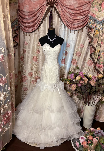 Robe de mariée longue blanche style sirène rétro années 60, bustier ajusté, AU229