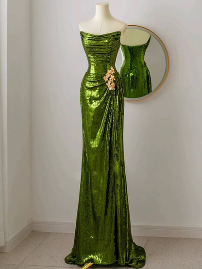 Modest Mermaid Strapless Sequin Green Long Prom Dresses Party Dress 20th Birthday Outfits Graduation Dress AU230