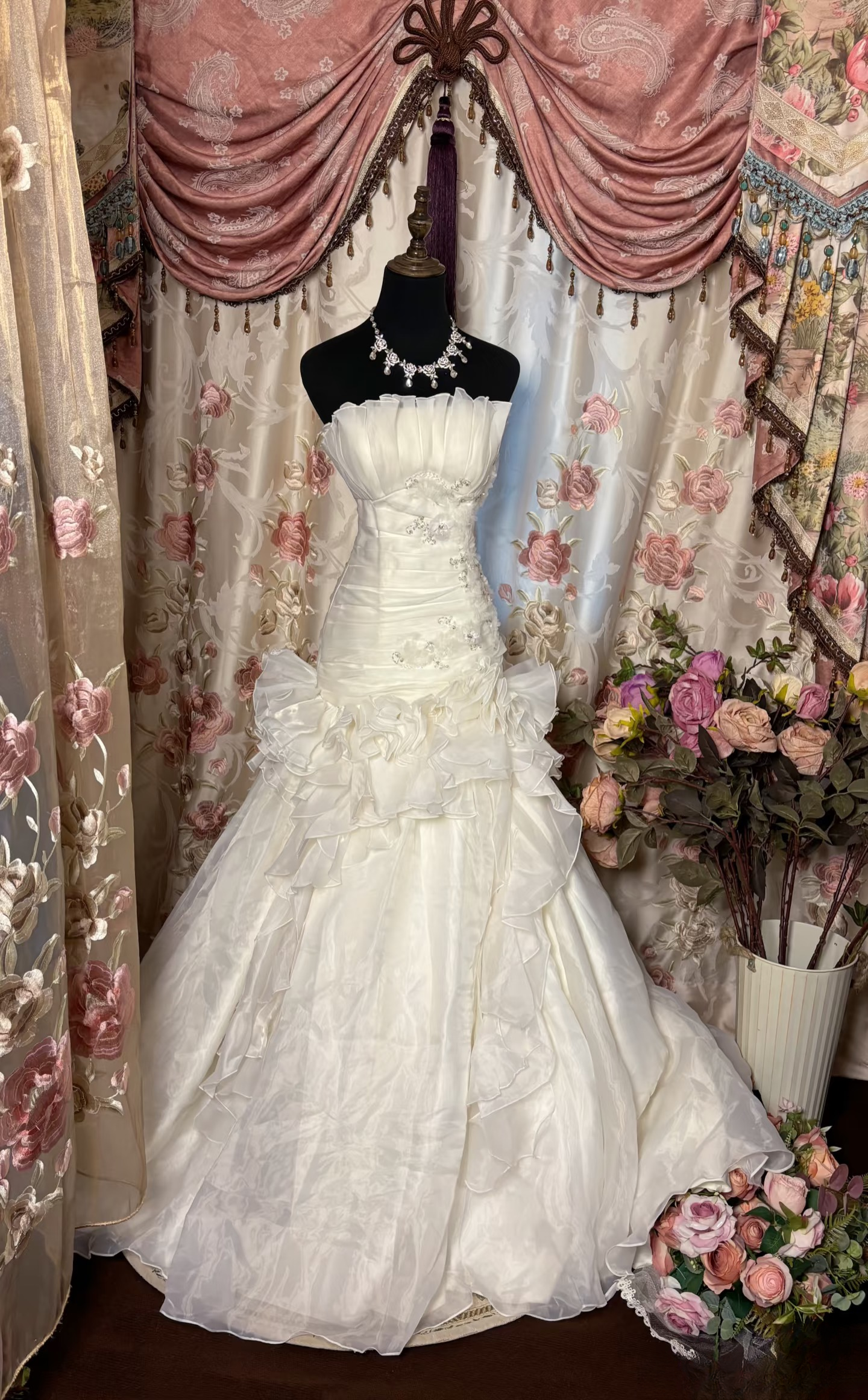 Retro Mermaid Strapless Organza 70s White Fitted Long Wedding Dress Bride Gown Brides Dresses AU230