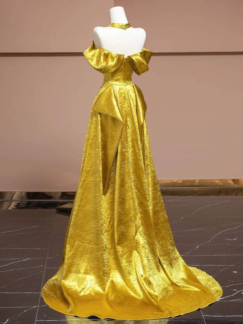 Charming Mermaid Off The Shoulder Gold Satin Prom Dresses Inspiration Prom Dress Princess Graduation Dress AU231