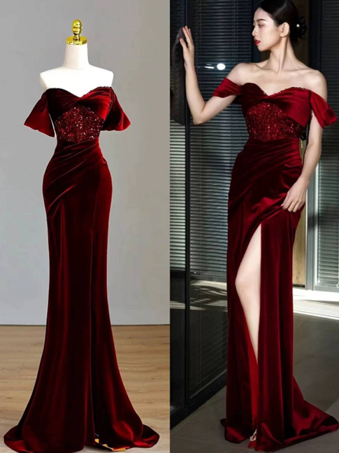 Charmante Meerjungfrau aus der Schulter Burgund Samt Ballkleider Inspiration Ballkleid Prinzessin Abschlussballkleid AU232