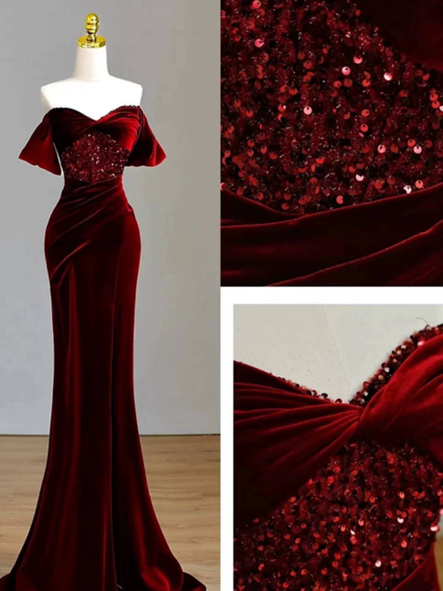 Charmante Meerjungfrau aus der Schulter Burgund Samt Ballkleider Inspiration Ballkleid Prinzessin Abschlussballkleid AU232