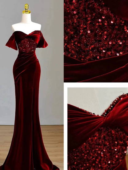 Charmante Meerjungfrau aus der Schulter Burgund Samt Ballkleider Inspiration Ballkleid Prinzessin Abschlussballkleid AU232