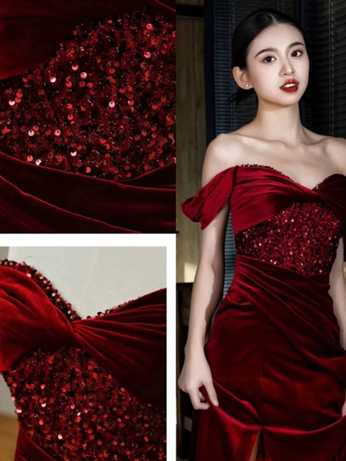 Charmante Meerjungfrau aus der Schulter Burgund Samt Ballkleider Inspiration Ballkleid Prinzessin Abschlussballkleid AU232