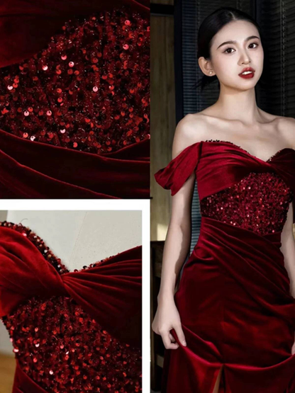 Charmante Meerjungfrau aus der Schulter Burgund Samt Ballkleider Inspiration Ballkleid Prinzessin Abschlussballkleid AU232