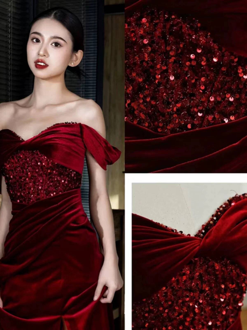 Charmante Meerjungfrau aus der Schulter Burgund Samt Ballkleider Inspiration Ballkleid Prinzessin Abschlussballkleid AU232