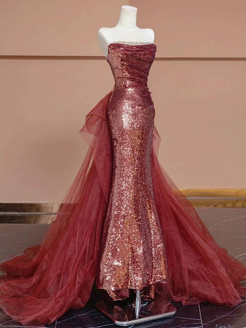 Robe de bal longue rose à paillettes, style sirène, sans bretelles, tenue de soirée pour 20e anniversaire, robe de remise de diplôme, AU233