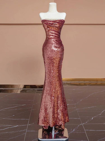 Robe de bal longue rose à paillettes, style sirène, sans bretelles, tenue de soirée pour 20e anniversaire, robe de remise de diplôme, AU233