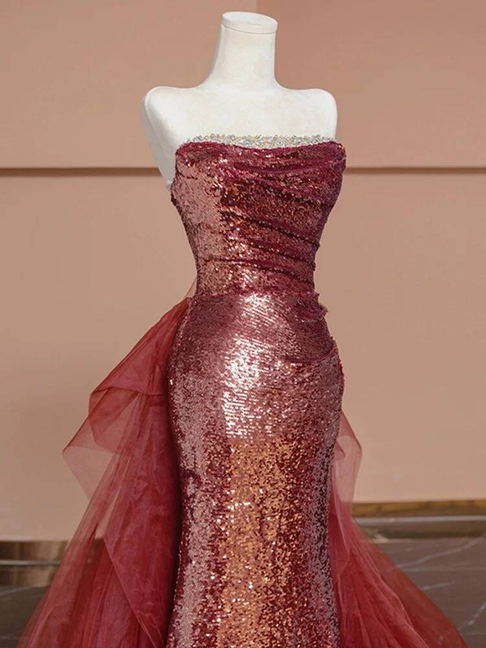 Robe de bal longue rose à paillettes, style sirène, sans bretelles, tenue de soirée pour 20e anniversaire, robe de remise de diplôme, AU233