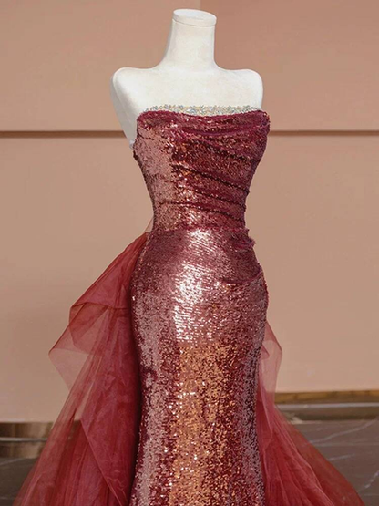 Robe de bal longue rose à paillettes, style sirène, sans bretelles, tenue de soirée pour 20e anniversaire, robe de remise de diplôme, AU233