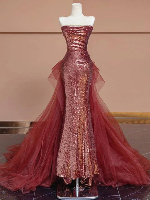 Modest Mermaid Strapless Sequin Pink Long Prom Dresses Party Dress 20th Birthday Outfits Graduation Dress AU233
