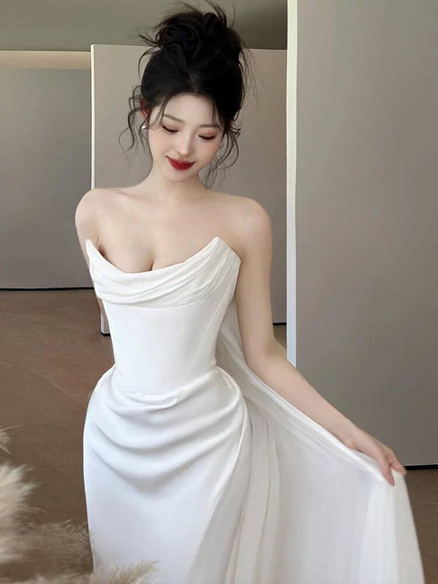 Robe de mariée sirène bustier en satin blanc, style conte de fées, longue, style automne, AU234
