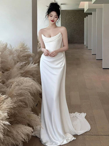 Robe de mariée sirène bustier en satin blanc, style conte de fées, longue, style automne, AU234