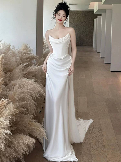 Robe de mariée sirène bustier en satin blanc, style conte de fées, longue, style automne, AU234
