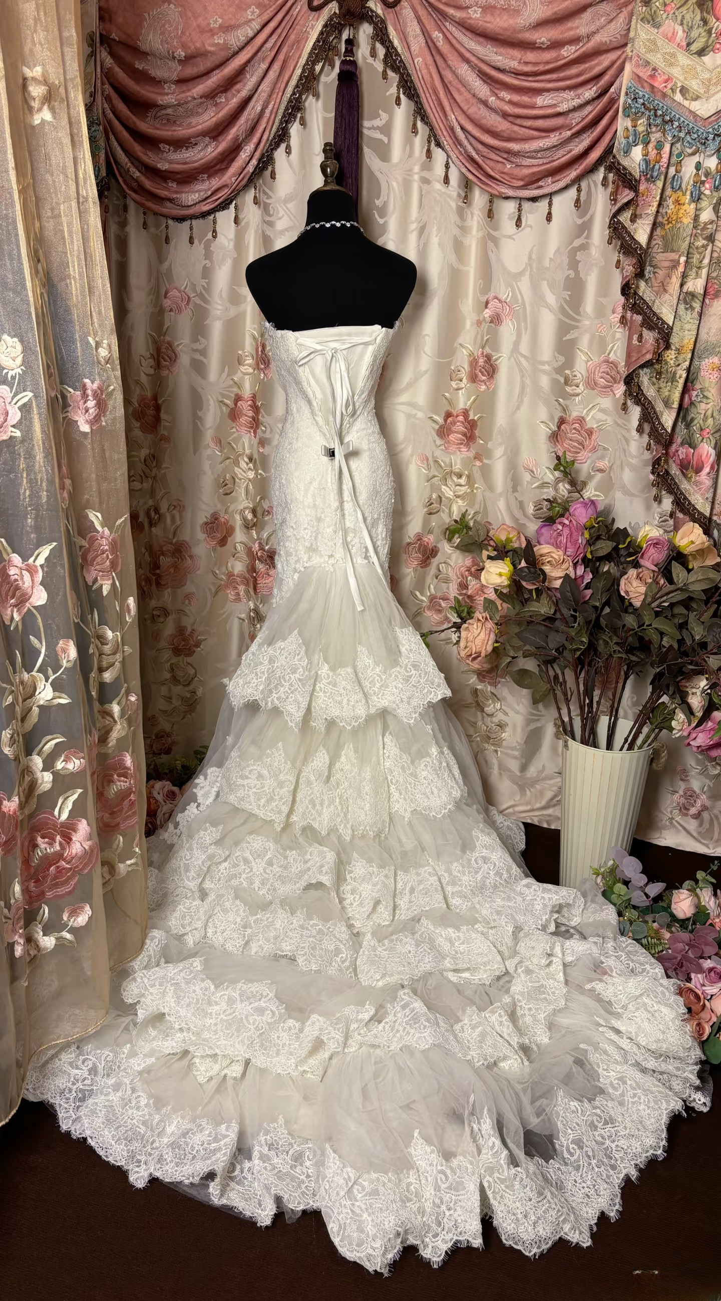 Robe de mariée sirène rétro années 60, bustier blanc ajusté, longue dentelle, AU234