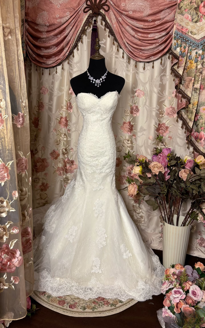 Robe de mariée sirène rétro années 60, bustier blanc ajusté, longue dentelle, AU234