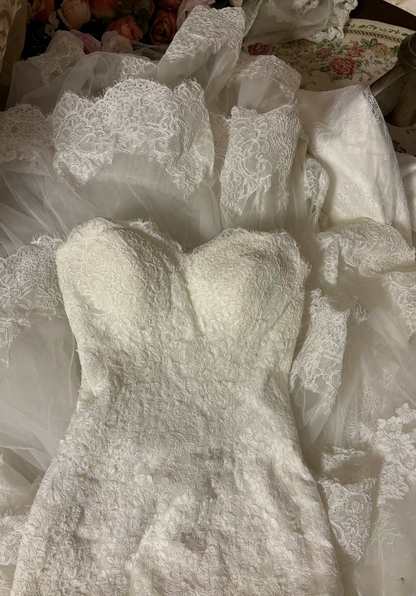Robe de mariée sirène rétro années 60, bustier blanc ajusté, longue dentelle, AU234