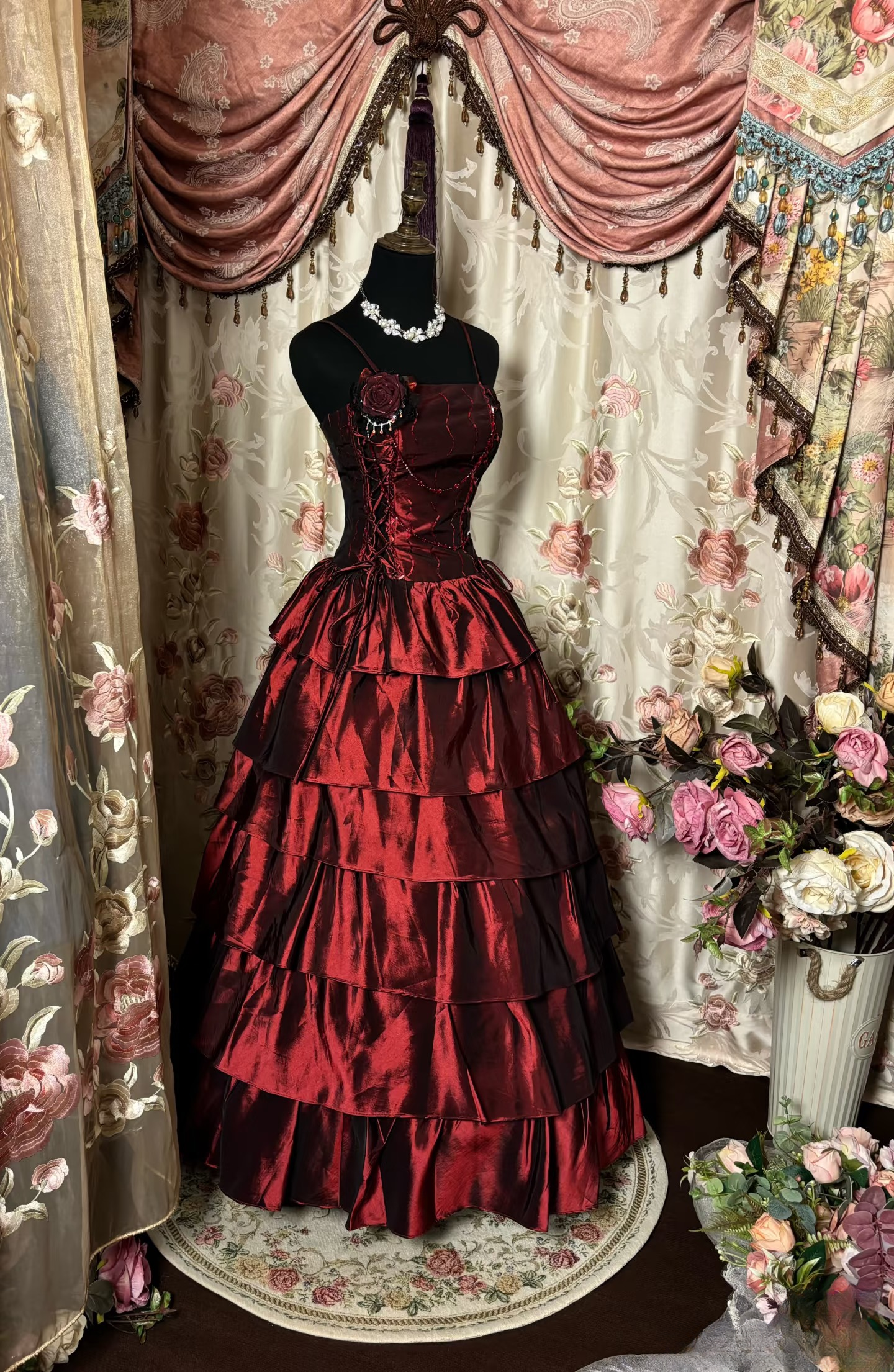 Robe de bal rétro à bretelles spaghetti bordeaux vintage en taffetas, robe de soirée longue AU235