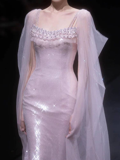 Robe de bal longue rose pâle à bretelles spaghetti et paillettes, style sirène, tenue de soirée pour 20e anniversaire, robe de remise de diplôme, AU237