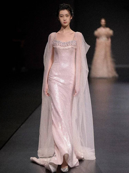 Robe de bal longue rose pâle à bretelles spaghetti et paillettes, style sirène, tenue de soirée pour 20e anniversaire, robe de remise de diplôme, AU237