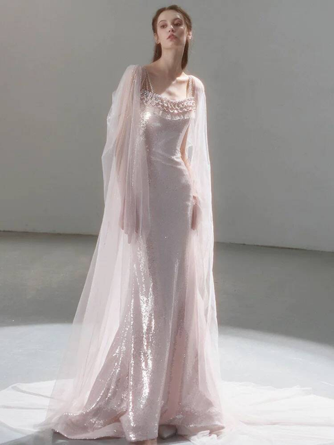 Robe de bal longue rose pâle à bretelles spaghetti et paillettes, style sirène, tenue de soirée pour 20e anniversaire, robe de remise de diplôme, AU237