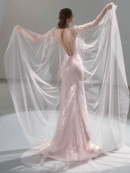 Robe de bal longue rose pâle à bretelles spaghetti et paillettes, style sirène, tenue de soirée pour 20e anniversaire, robe de remise de diplôme, AU237