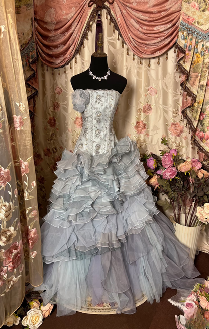 Robe de bal longue sirène rétro sans bretelles en dentelle gris argenté, style années 70/80, AU237