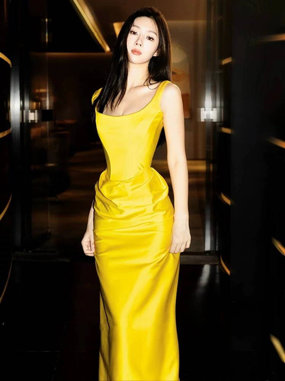 Modest Mermaid Square Neck Satin Yellow Long Prom Dresses Party Dress 21st Birthday Outfits Graduation Dress AU238