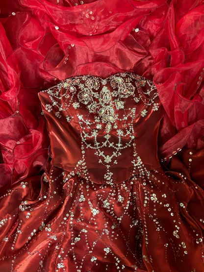 Robe de bal rétro bustier ornée de perles bordeaux en organza, longue, style années 70/80, AU241