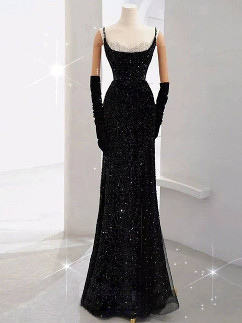 Modest Mermaid Sweetheart Sequin Black Long Prom Dresses Party Dress 21st Birthday Outfits Graduation Dress AU242