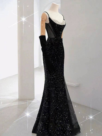 Modest Mermaid Sweetheart Sequin Black Long Prom Dresses Party Dress 21st Birthday Outfits Graduation Dress AU242