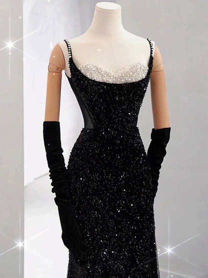 Modest Mermaid Sweetheart Sequin Black Long Prom Dresses Party Dress 21st Birthday Outfits Graduation Dress AU242